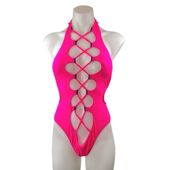 Pink Sleeveless Halter Cross Hollow Out Thong One Piece Swimsuit Swimwear Size S - Picture 1 of 6